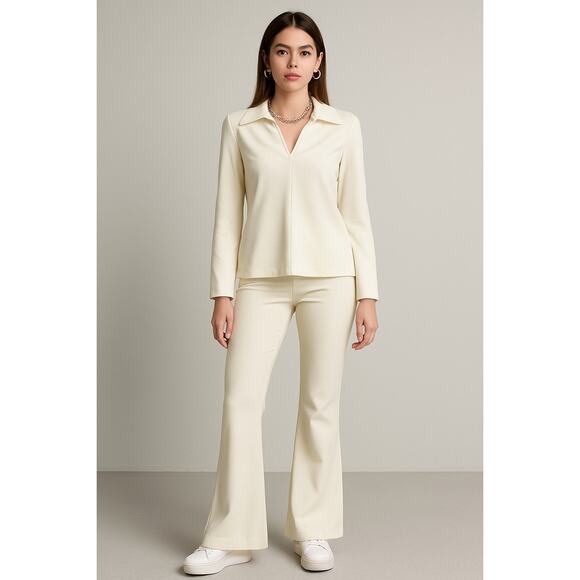 Vintage Manning Silver Cream Pantsuit Set | 70s Disco Blouse & Pants | Y2K Vibes - Picture 1 of 8
